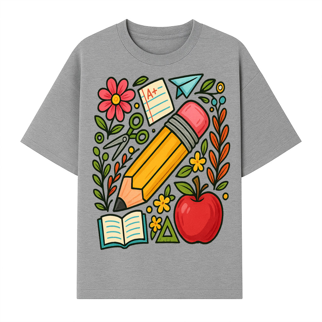Colorful School Supplies Illustration Pencil, Apple, Flowers, Book and A+ Note Cute Educational Art Print for Classroom Decor - T-shirt 1758093369097.jpg