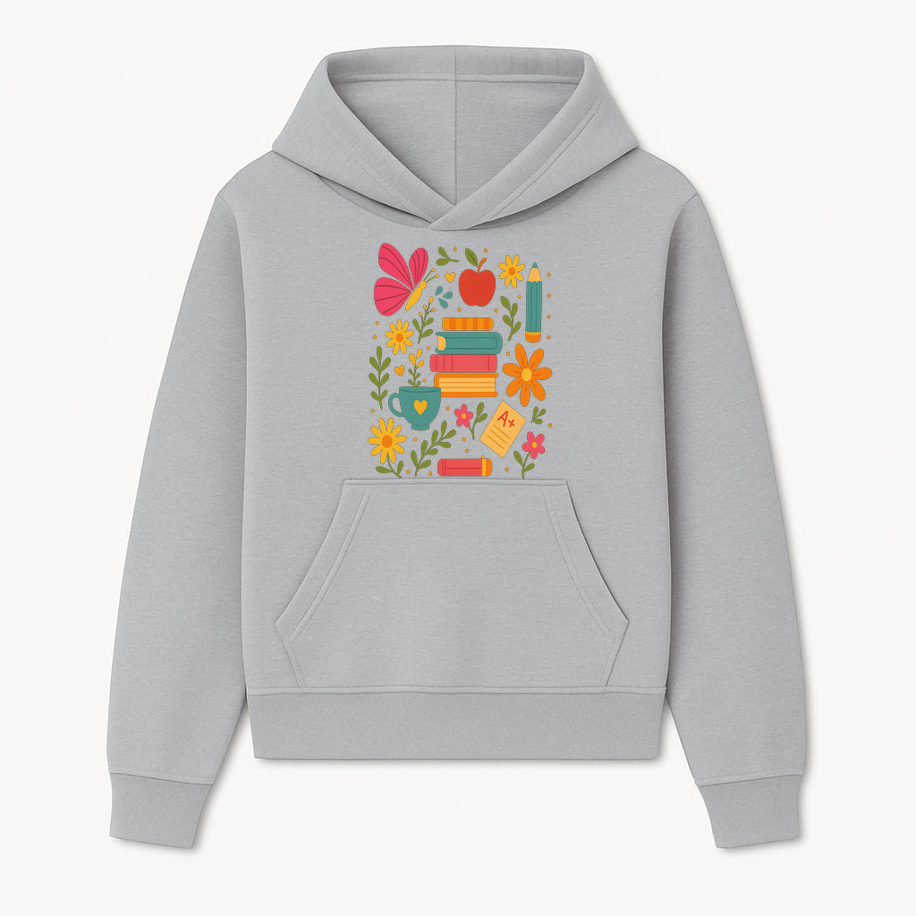 Colorful School Supplies and Flowers Art Print, Butterfly and Books, Educational Decor, Cute Classroom Wall Art, A+ Motivation - Hoodie 1758093369132.jpg
