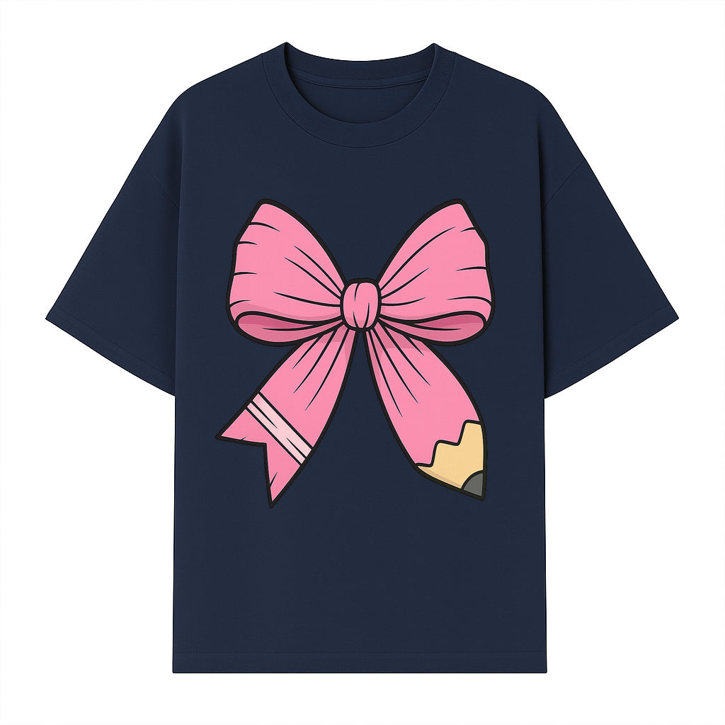 Pink Bow with Pencil Design, Cute Stationery Decor, Gift for Teachers, School Supplies, Arts and Crafts, Kawaii Aesthetic Accessories - T-shirt 1758093369137.jpg