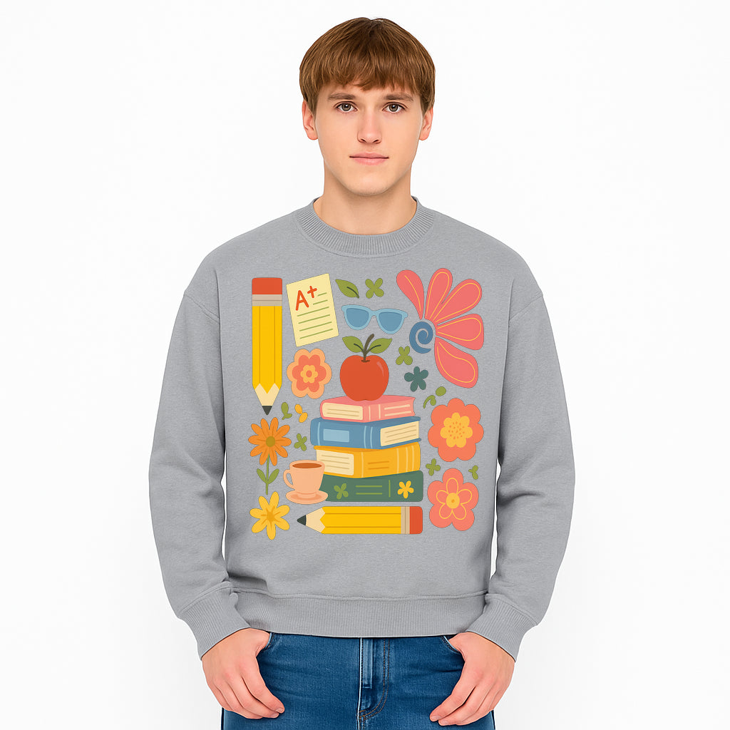 Back to School Art Print - Colorful Books, Apple, Pencils, Flowers, A+ Note - Classroom Decor, Study Zone, Education Gift - Sweatshirt 1758093369197.jpg