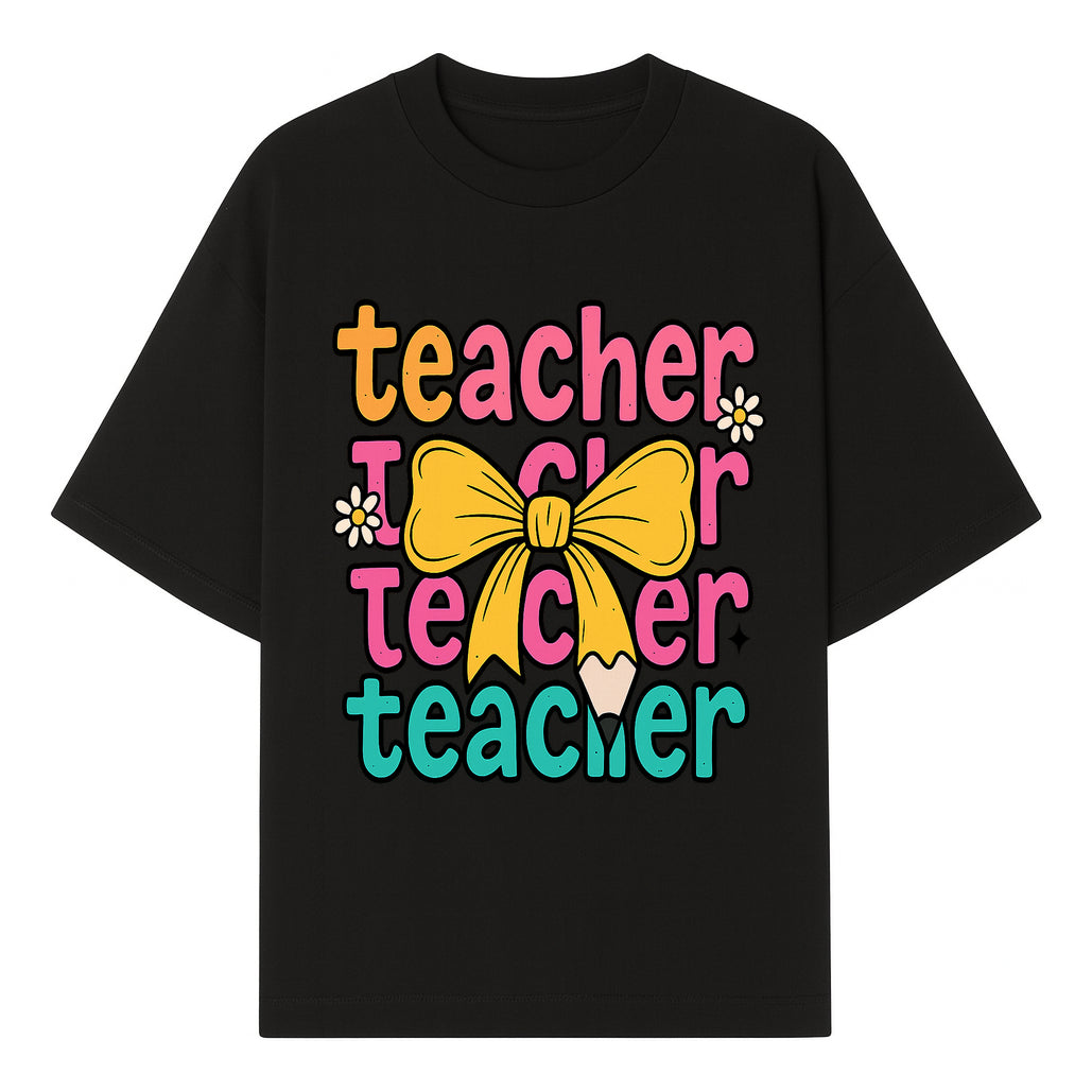 Colorful Teacher Graphic Tee with Pencil and Bow | Cute Teacher Appreciation Gift for Students or Educators - T-shirt 1758093369236.jpg