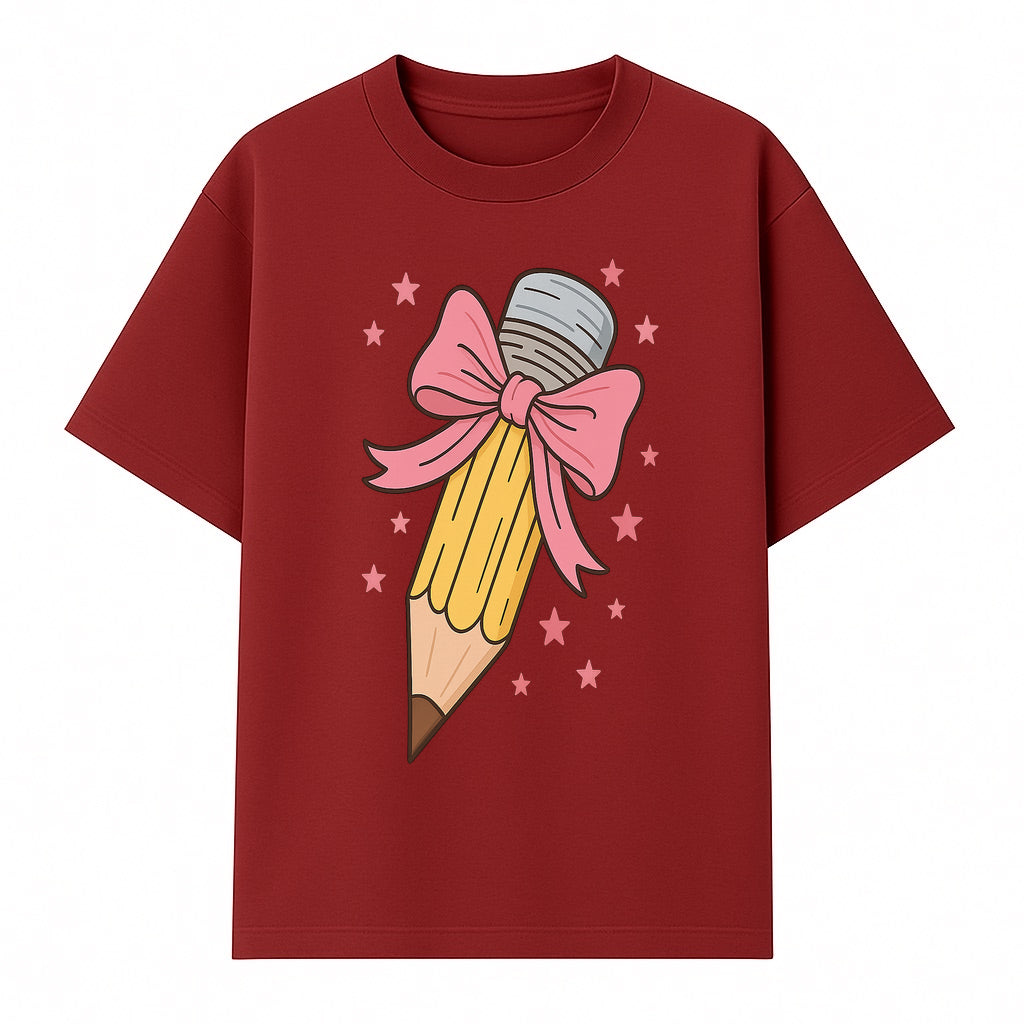 Cute Pencil with Pink Bow and Stars - Kawaii Art Print, Stationery Decor, Classroom Wall Art, Gift for Students or Teachers - T-shirt 1758093369249.jpg