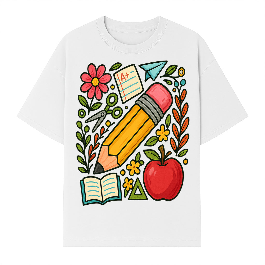 Colorful School Supplies Illustration Pencil, Apple, Flowers, Book and A+ Note Cute Educational Art Print for Classroom Decor - T-shirt 1758093369276.jpg