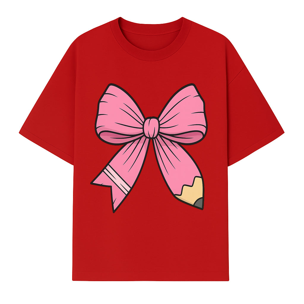 Pink Bow with Pencil Design, Cute Stationery Decor, Gift for Teachers, School Supplies, Arts and Crafts, Kawaii Aesthetic Accessories - T-shirt 1758093369302.jpg