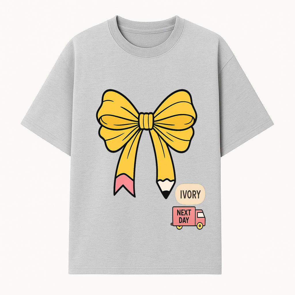 Yellow Pencil Bow Decor Cute Stationery Gift, Art Supplies, Kids School Accessories, Next Day Shipping, Ivory Color Theme - T-shirt 1758093369346.jpg