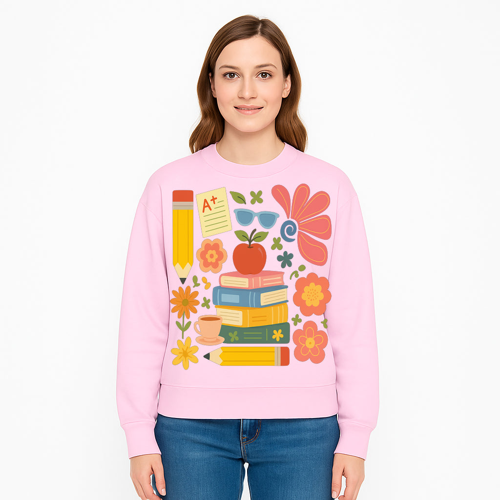 Back to School Art Print - Colorful Books, Apple, Pencils, Flowers, A+ Note - Classroom Decor, Study Zone, Education Gift - Sweatshirt 1758093369357.jpg