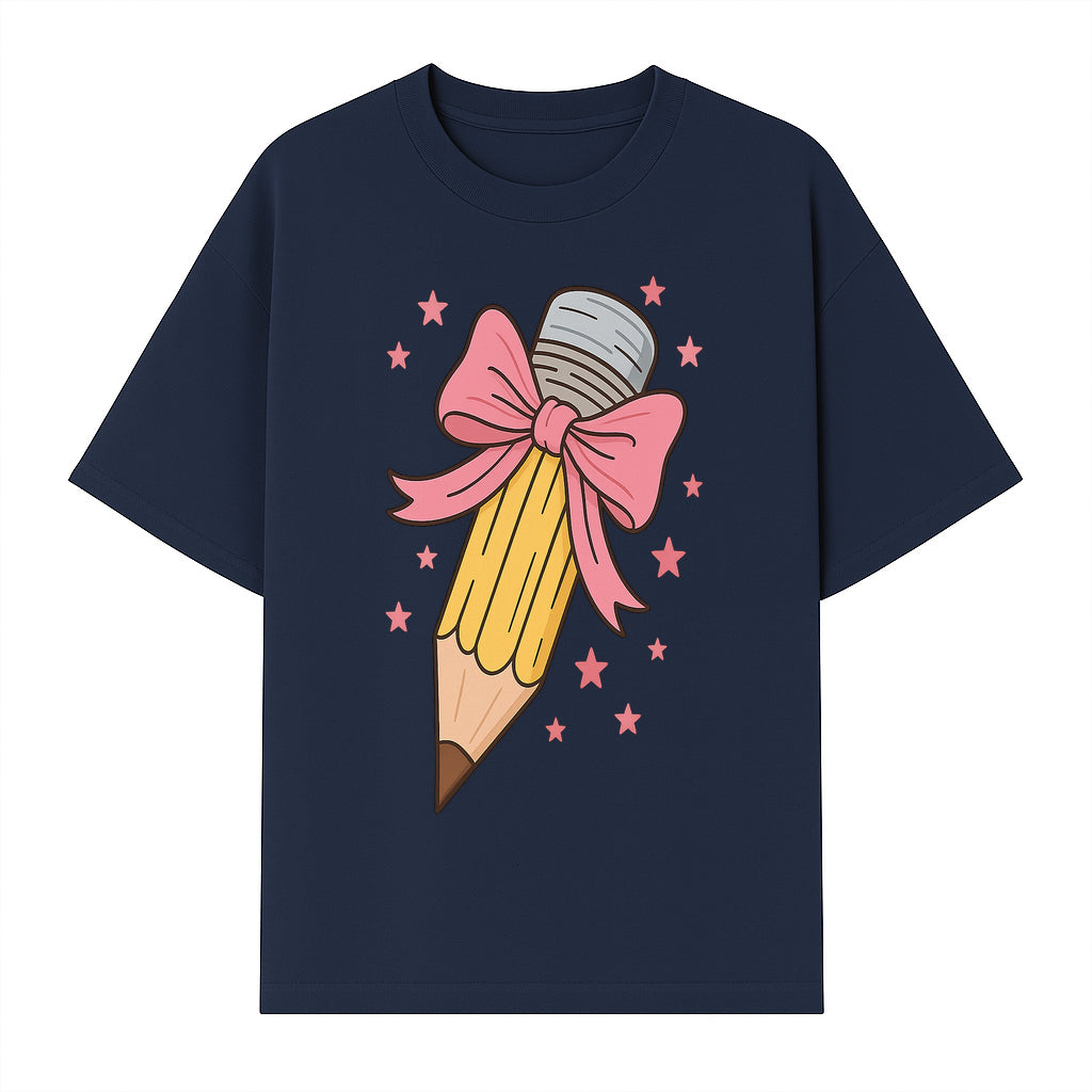 Cute Pencil with Pink Bow and Stars - Kawaii Art Print, Stationery Decor, Classroom Wall Art, Gift for Students or Teachers - T-shirt 1758093369411.jpg