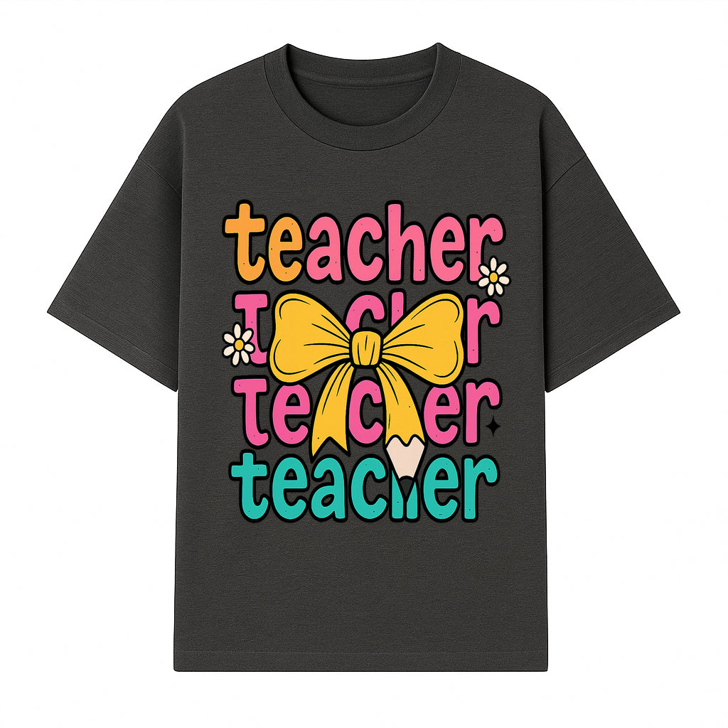 Colorful Teacher Graphic Tee with Pencil and Bow | Cute Teacher Appreciation Gift for Students or Educators - T-shirt 1758093369414.jpg