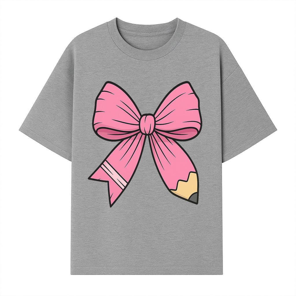 Pink Bow with Pencil Design, Cute Stationery Decor, Gift for Teachers, School Supplies, Arts and Crafts, Kawaii Aesthetic Accessories - T-shirt 1758093369494.jpg