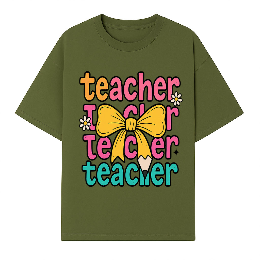 Colorful Teacher Graphic Tee with Pencil and Bow | Cute Teacher Appreciation Gift for Students or Educators - T-shirt 1758093369538.jpg