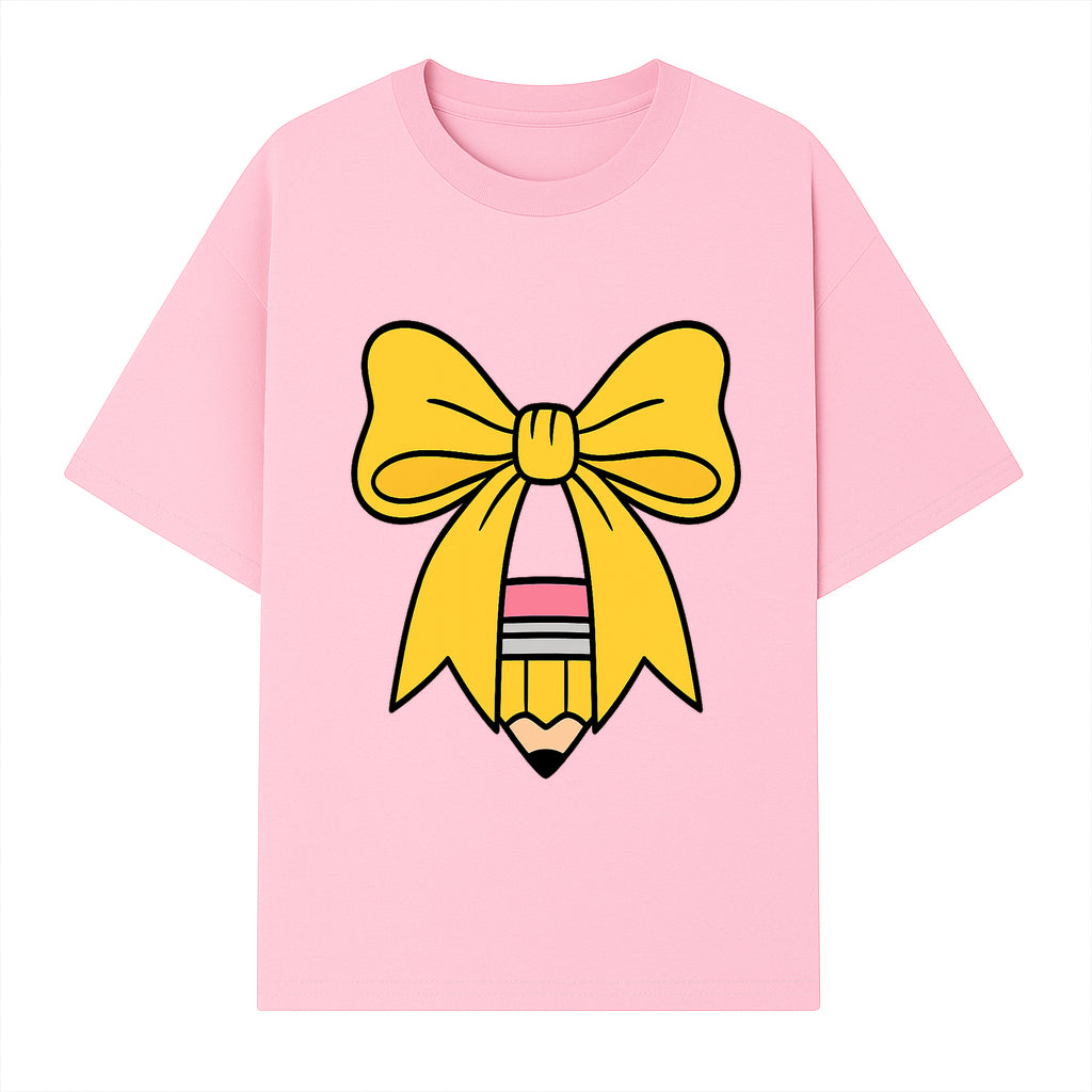 Yellow Bow and Pencil Graphic Art Print, Cute Back to School Decor, Creative Classroom Wall Art, Kids Room Decoration - T-shirt 1758093369619.jpg