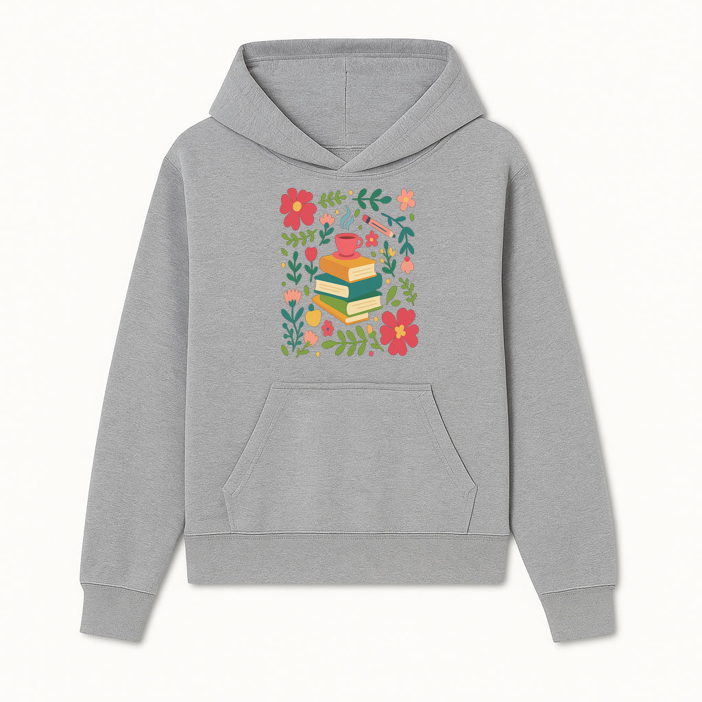 Whimsical Book Stack with Coffee and Flowers Art Print - Cozy Reading Decor for Home or Office - Hoodie 1758093369652.jpg