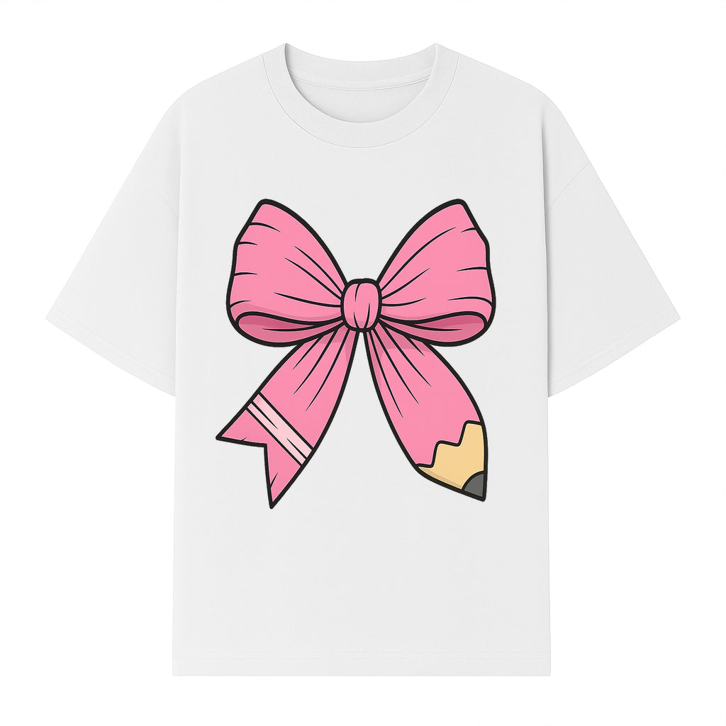Pink Bow with Pencil Design, Cute Stationery Decor, Gift for Teachers, School Supplies, Arts and Crafts, Kawaii Aesthetic Accessories - T-shirt 1758093369667.jpg