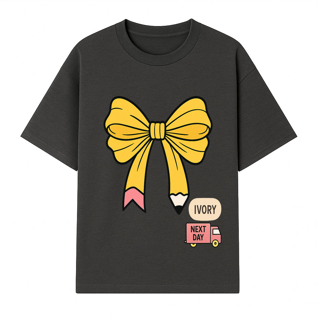 Yellow Pencil Bow Decor Cute Stationery Gift, Art Supplies, Kids School Accessories, Next Day Shipping, Ivory Color Theme - T-shirt 1758093369703.jpg