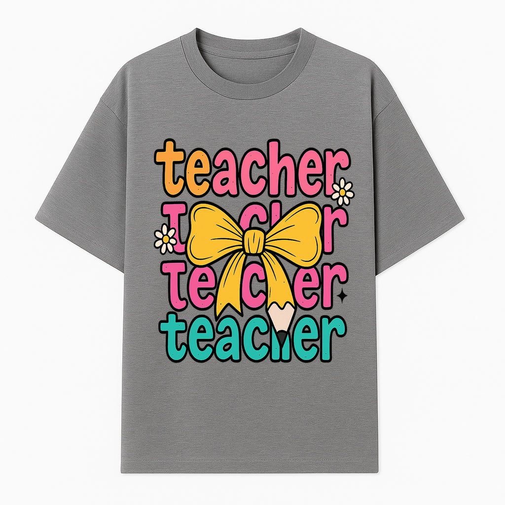 Colorful Teacher Graphic Tee with Pencil and Bow | Cute Teacher Appreciation Gift for Students or Educators - T-shirt 1758093369725.jpg
