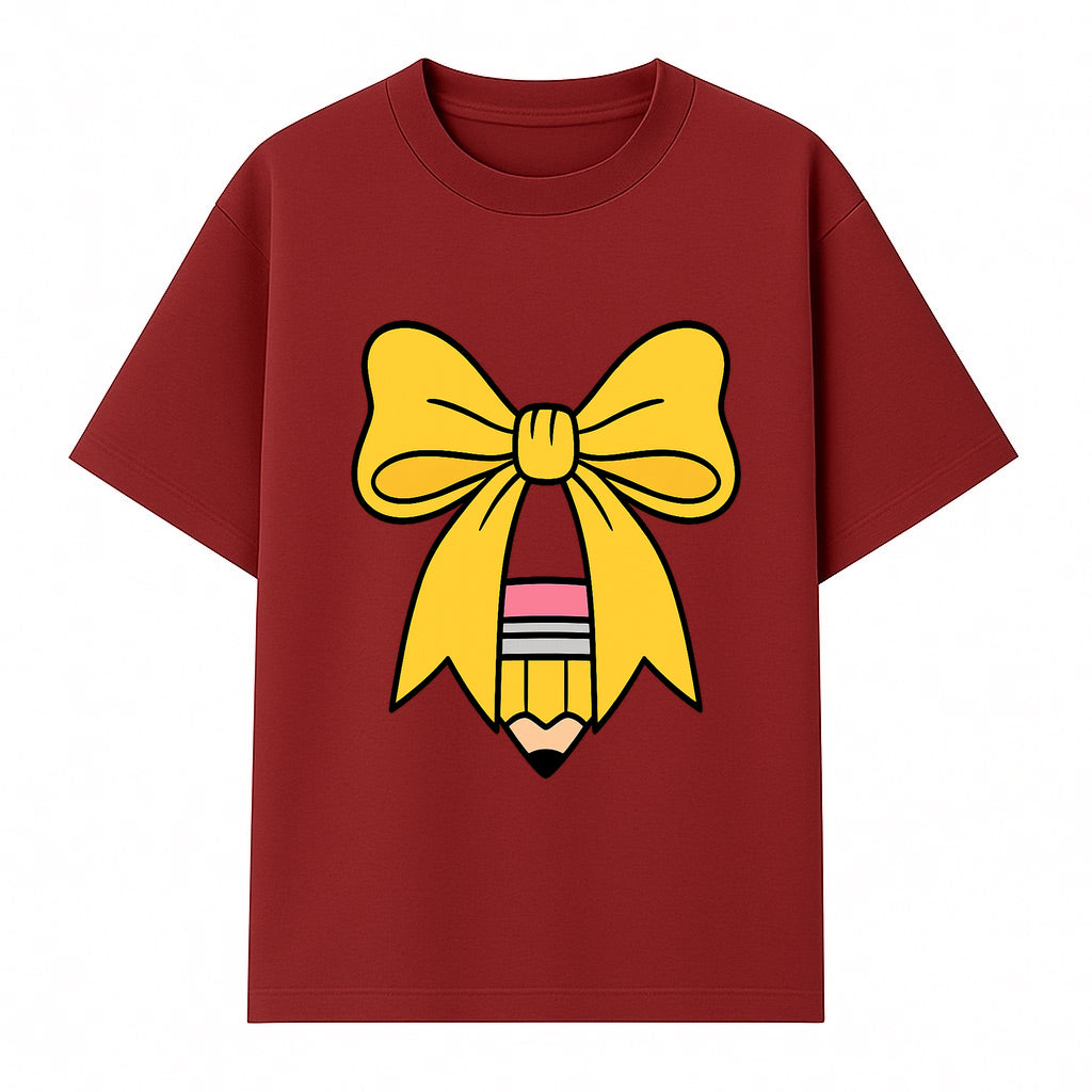 Yellow Bow and Pencil Graphic Art Print, Cute Back to School Decor, Creative Classroom Wall Art, Kids Room Decoration - T-shirt 1758093369748.jpg