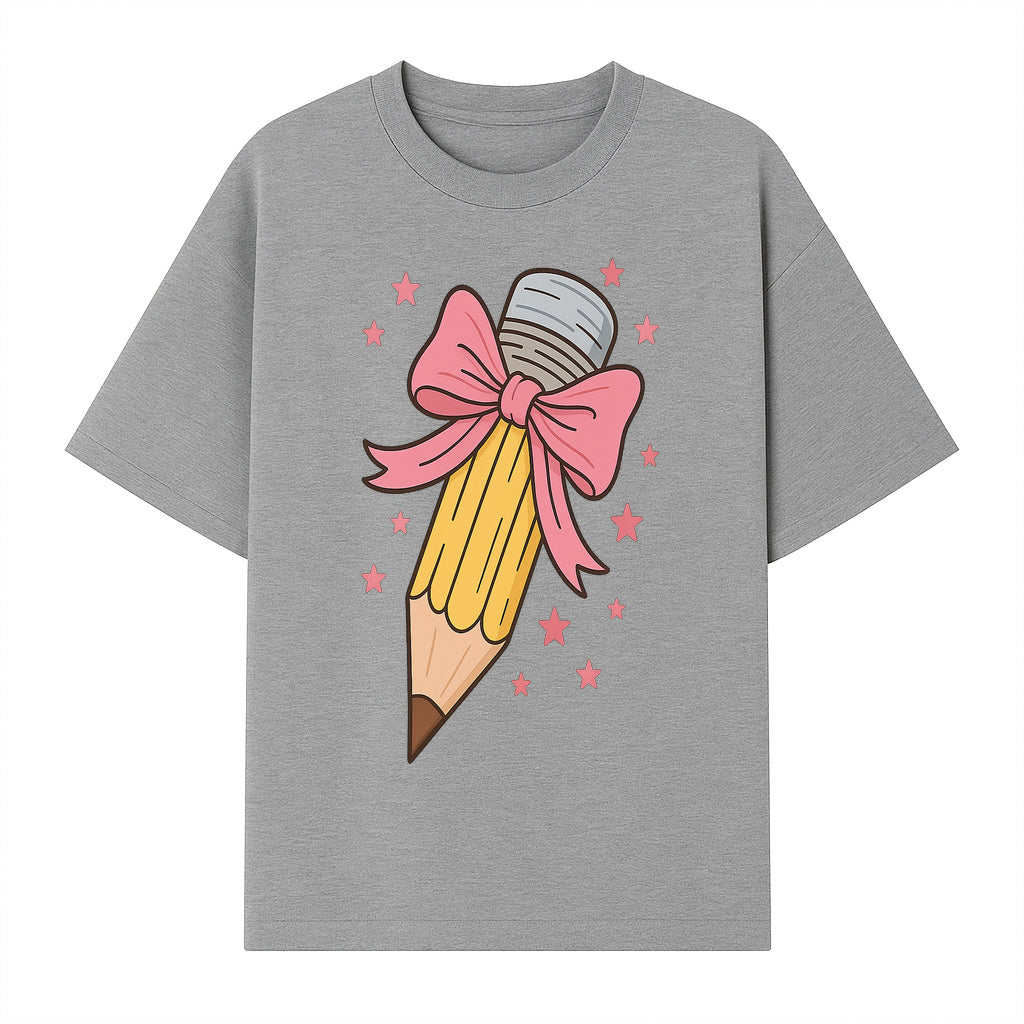 Cute Pencil with Pink Bow and Stars - Kawaii Art Print, Stationery Decor, Classroom Wall Art, Gift for Students or Teachers - T-shirt 1758093369787.jpg
