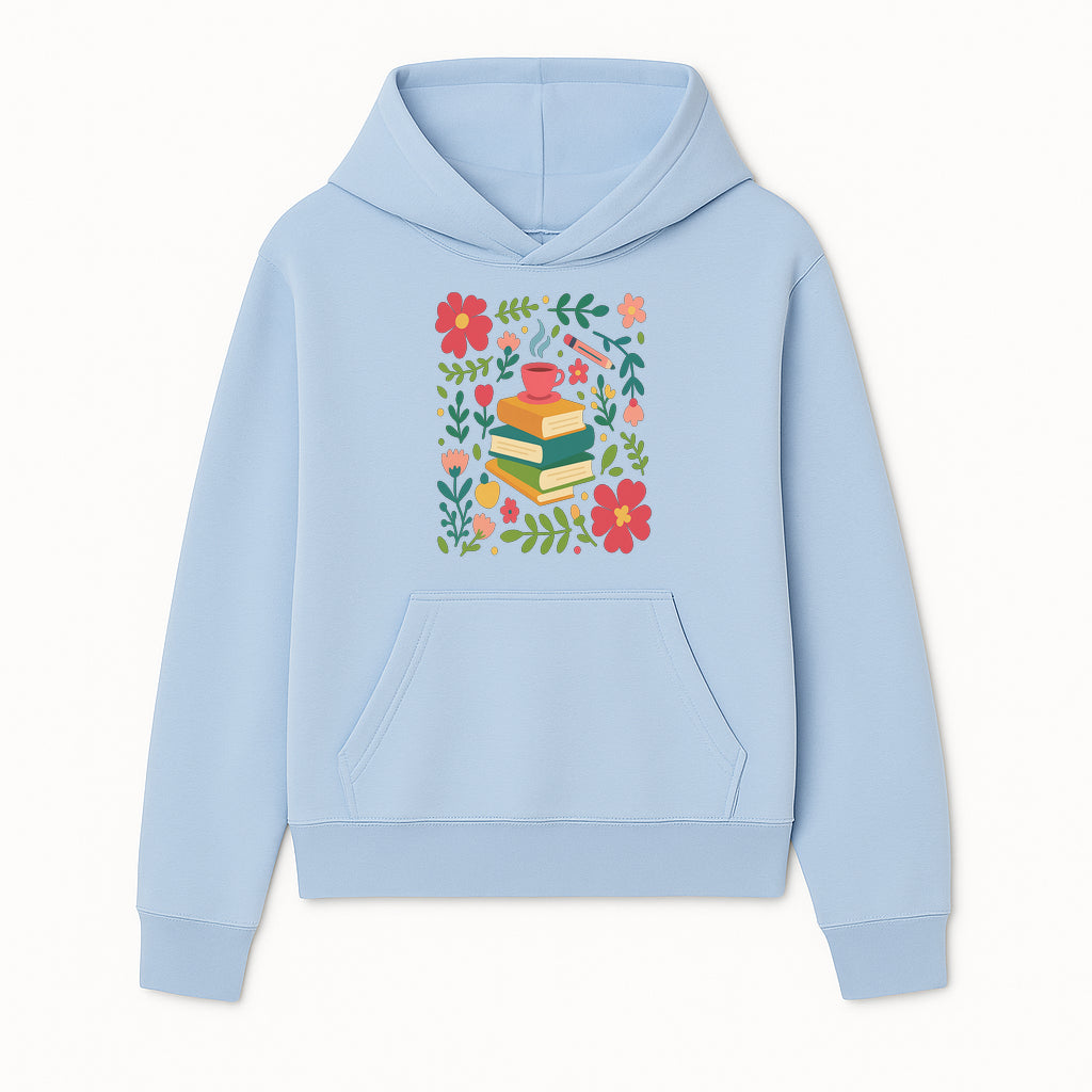 Whimsical Book Stack with Coffee and Flowers Art Print - Cozy Reading Decor for Home or Office - Hoodie 1758093369797.jpg