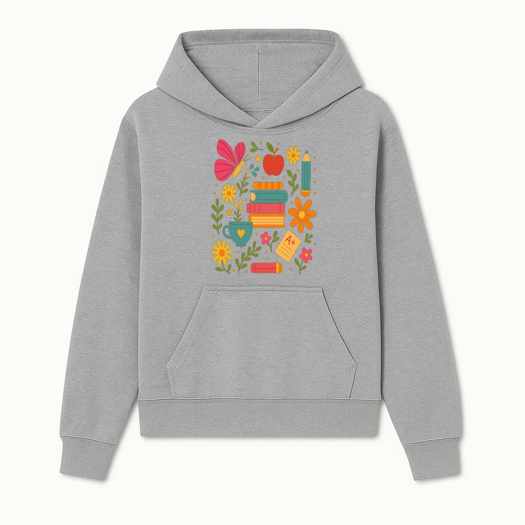 Colorful School Supplies and Flowers Art Print, Butterfly and Books, Educational Decor, Cute Classroom Wall Art, A+ Motivation - Hoodie 1758093369823.jpg