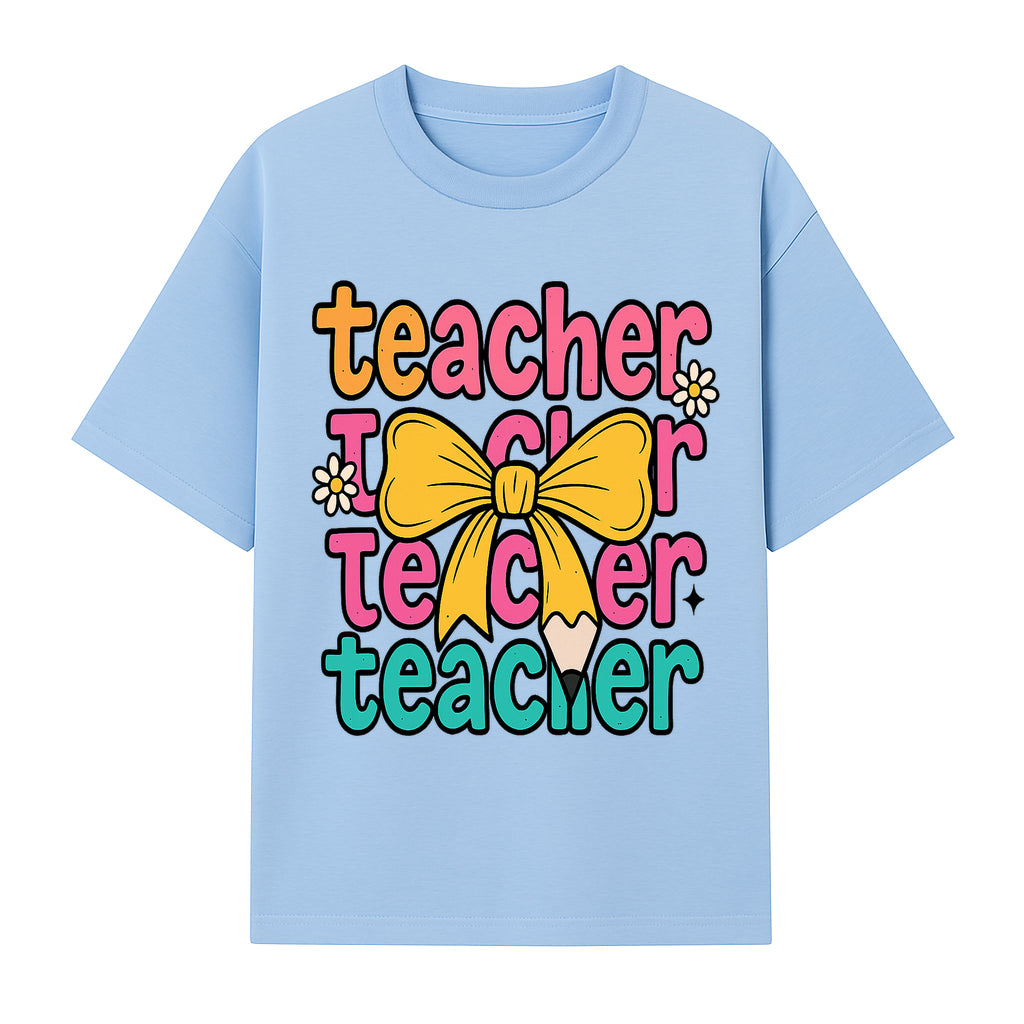 Colorful Teacher Graphic Tee with Pencil and Bow | Cute Teacher Appreciation Gift for Students or Educators - T-shirt 1758093369860.jpg