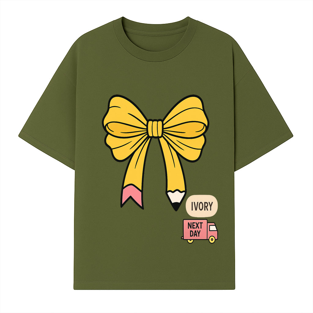 Yellow Pencil Bow Decor Cute Stationery Gift, Art Supplies, Kids School Accessories, Next Day Shipping, Ivory Color Theme - T-shirt 1758093369916.jpg