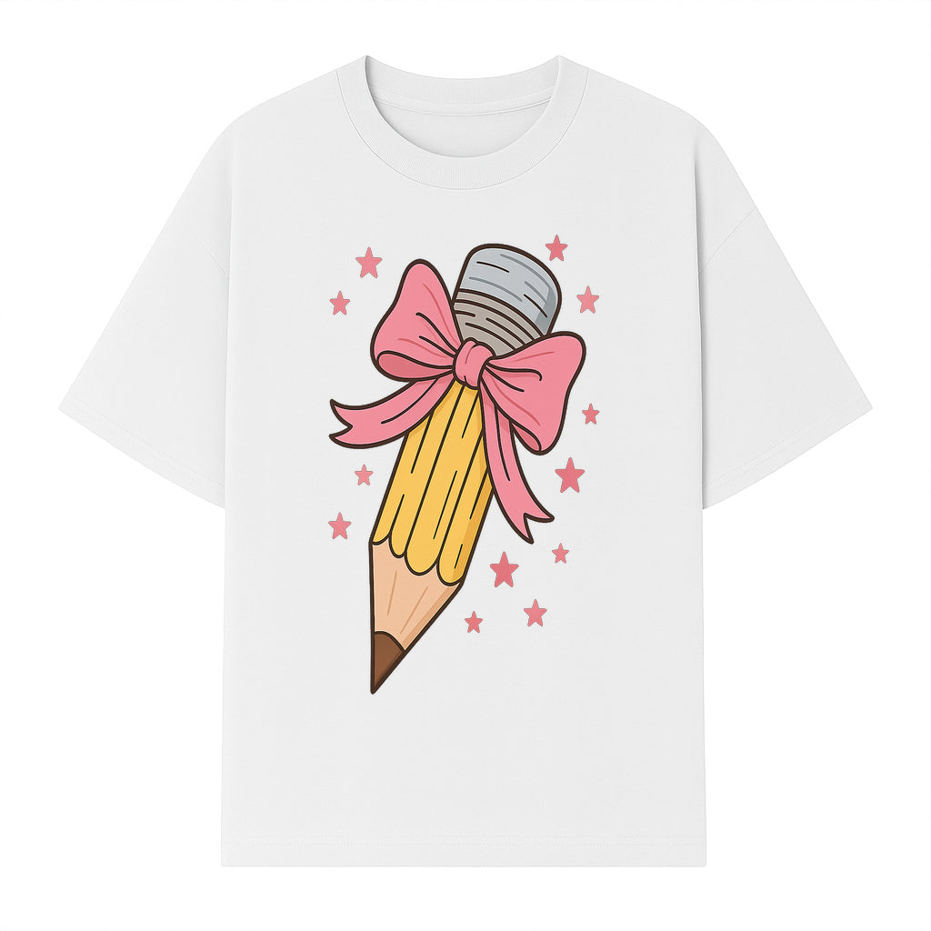 Cute Pencil with Pink Bow and Stars - Kawaii Art Print, Stationery Decor, Classroom Wall Art, Gift for Students or Teachers - T-shirt 1758093369941.jpg