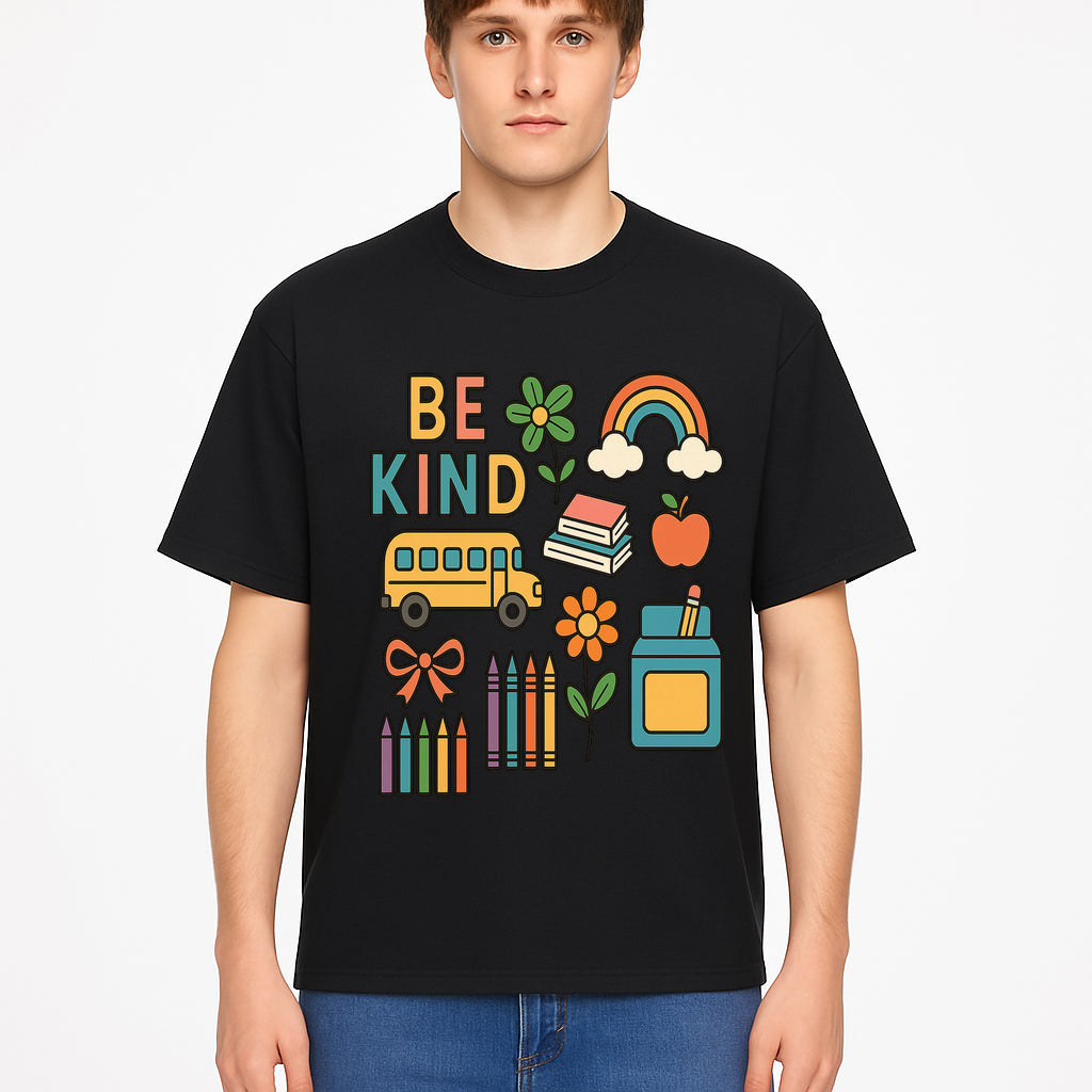 Be Kind Back to School Art Print with Rainbow, Flower, Bus, Crayons, Books, Apple - Classroom Decor for Kids - T-shirt 1758093369958.jpg