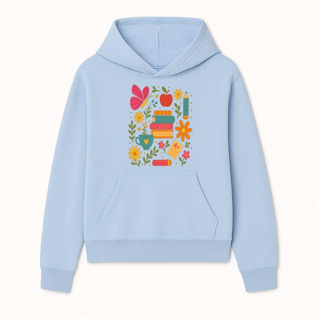 Colorful School Supplies and Flowers Art Print, Butterfly and Books, Educational Decor, Cute Classroom Wall Art, A+ Motivation - Hoodie 1758093369996.jpg