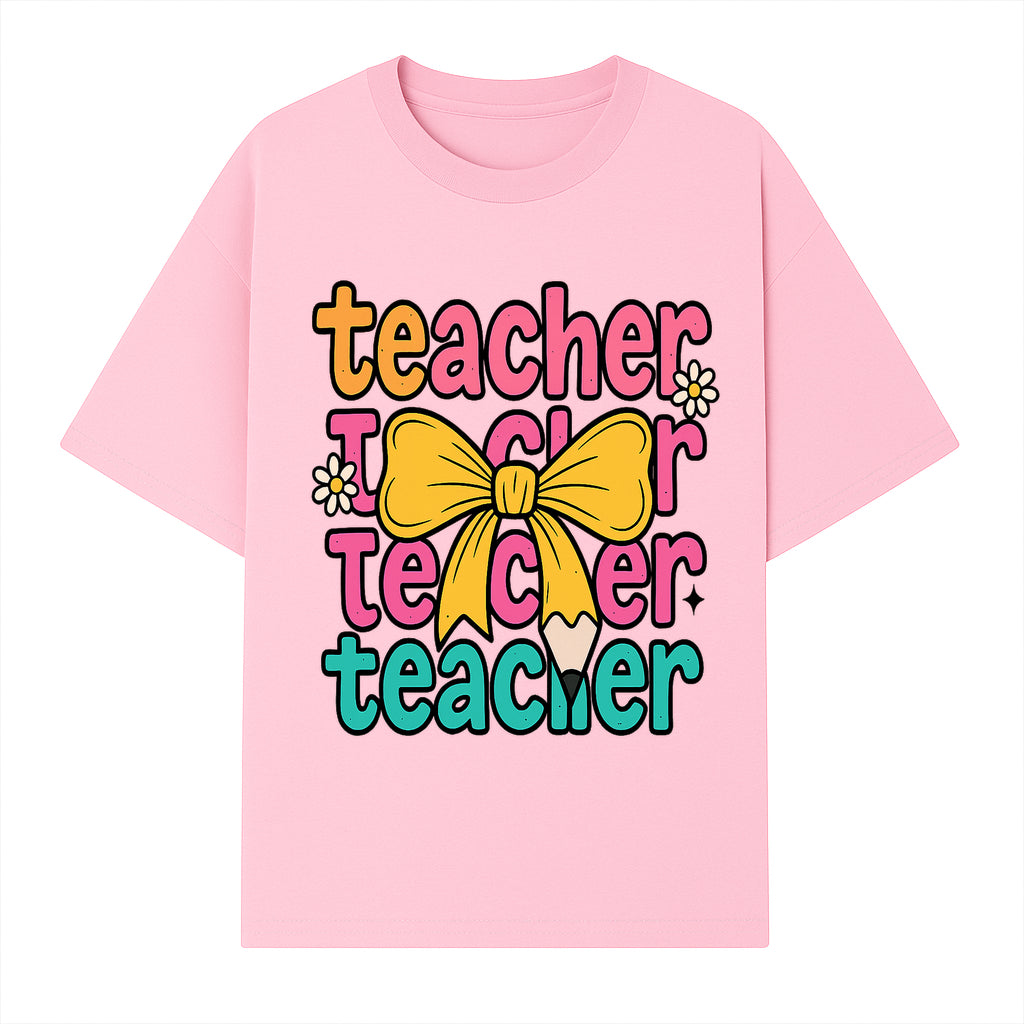 Colorful Teacher Graphic Tee with Pencil and Bow | Cute Teacher Appreciation Gift for Students or Educators - T-shirt 1758093370048.jpg