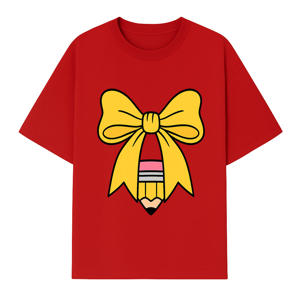 Yellow Bow and Pencil Graphic Art Print, Cute Back to School Decor, Creative Classroom Wall Art, Kids Room Decoration - T-shirt 1758093370060.jpg
