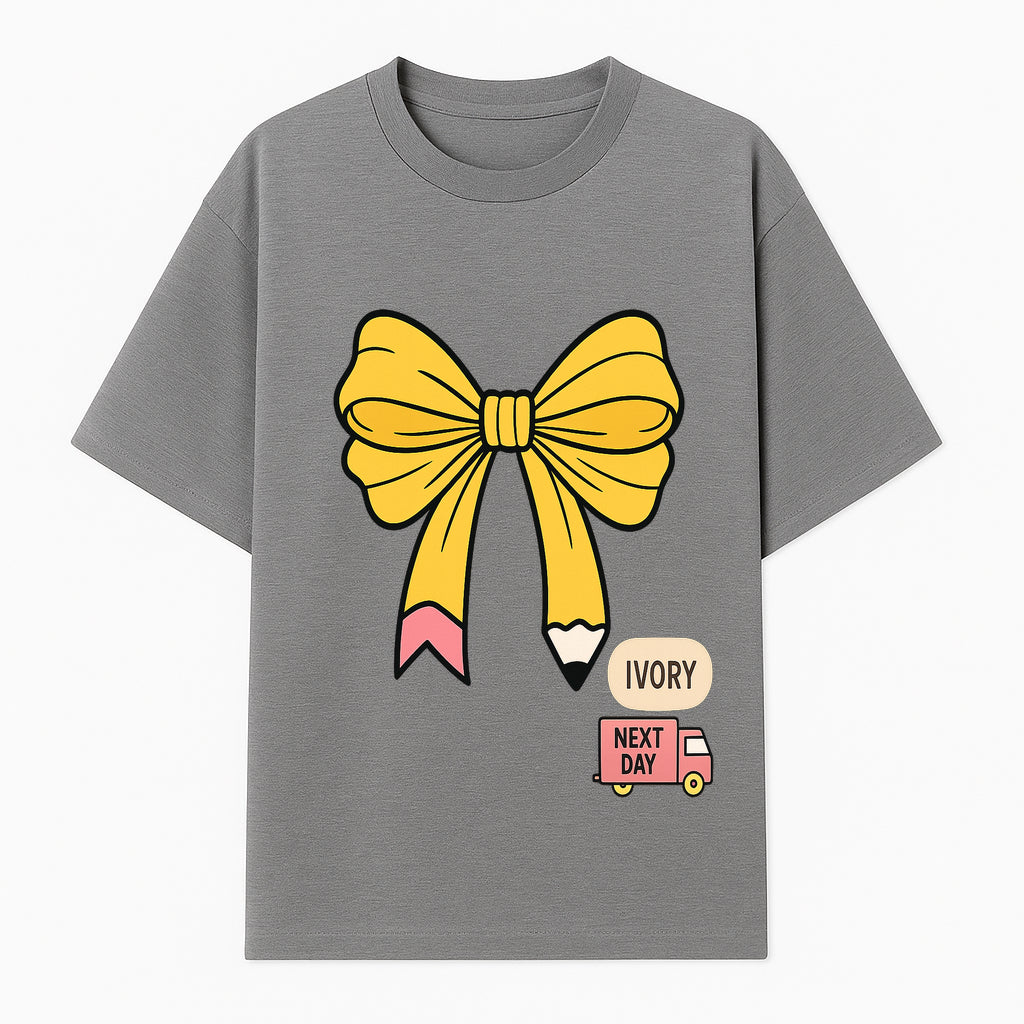 Yellow Pencil Bow Decor Cute Stationery Gift, Art Supplies, Kids School Accessories, Next Day Shipping, Ivory Color Theme - T-shirt 1758093370080.jpg