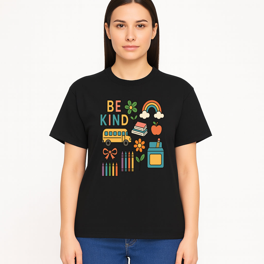 Be Kind Back to School Art Print with Rainbow, Flower, Bus, Crayons, Books, Apple - Classroom Decor for Kids - T-shirt 1758093370125.jpg