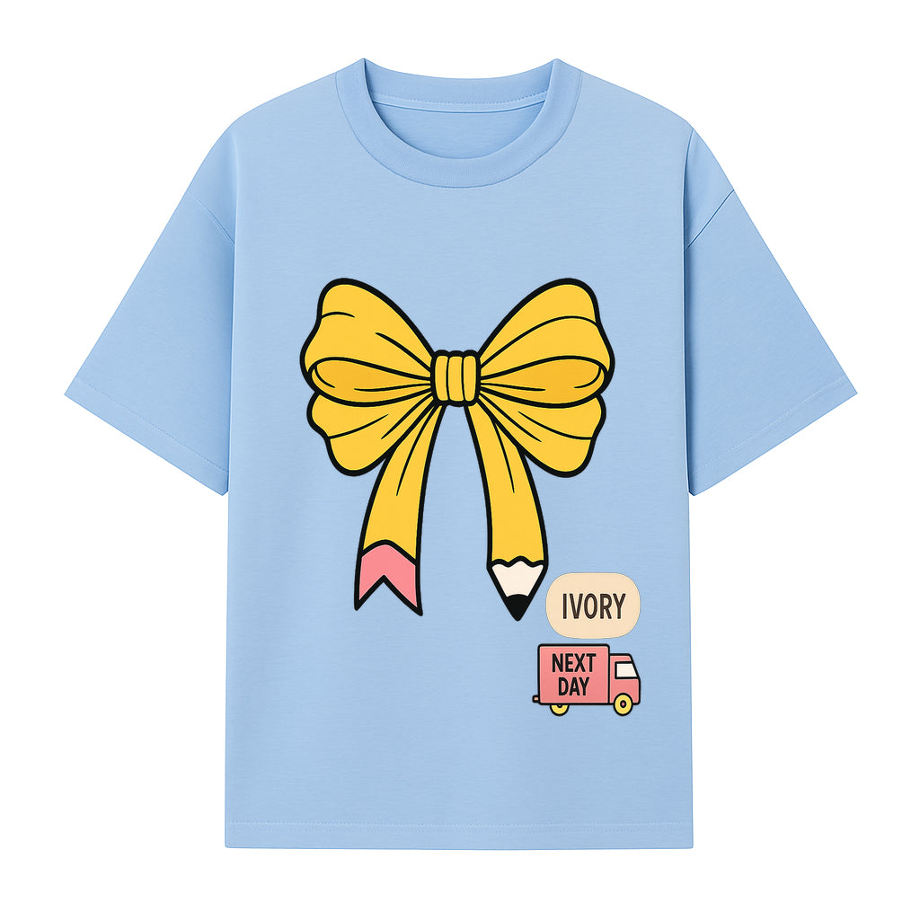 Yellow Pencil Bow Decor Cute Stationery Gift, Art Supplies, Kids School Accessories, Next Day Shipping, Ivory Color Theme - T-shirt 1758093370245.jpg