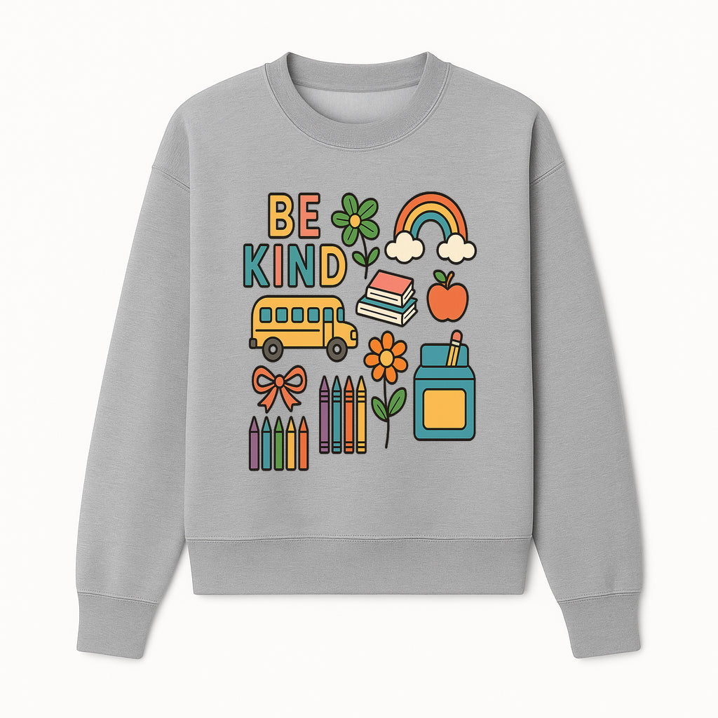 Be Kind Back to School Art Print with Rainbow, Flower, Bus, Crayons, Books, Apple - Classroom Decor for Kids - Sweatshirt 1758093370304.jpg