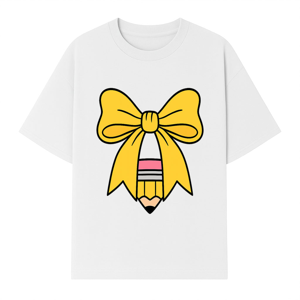 Yellow Bow and Pencil Graphic Art Print, Cute Back to School Decor, Creative Classroom Wall Art, Kids Room Decoration - T-shirt 1758093370353.jpg