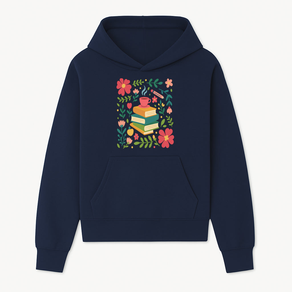 Whimsical Book Stack with Coffee and Flowers Art Print - Cozy Reading Decor for Home or Office - Hoodie 1758093370367.jpg