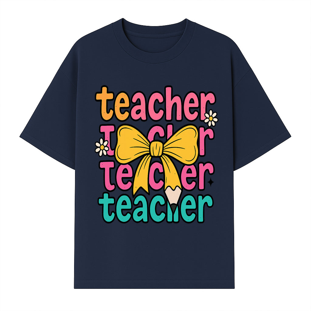 Colorful Teacher Graphic Tee with Pencil and Bow | Cute Teacher Appreciation Gift for Students or Educators - T-shirt 1758093370399.jpg