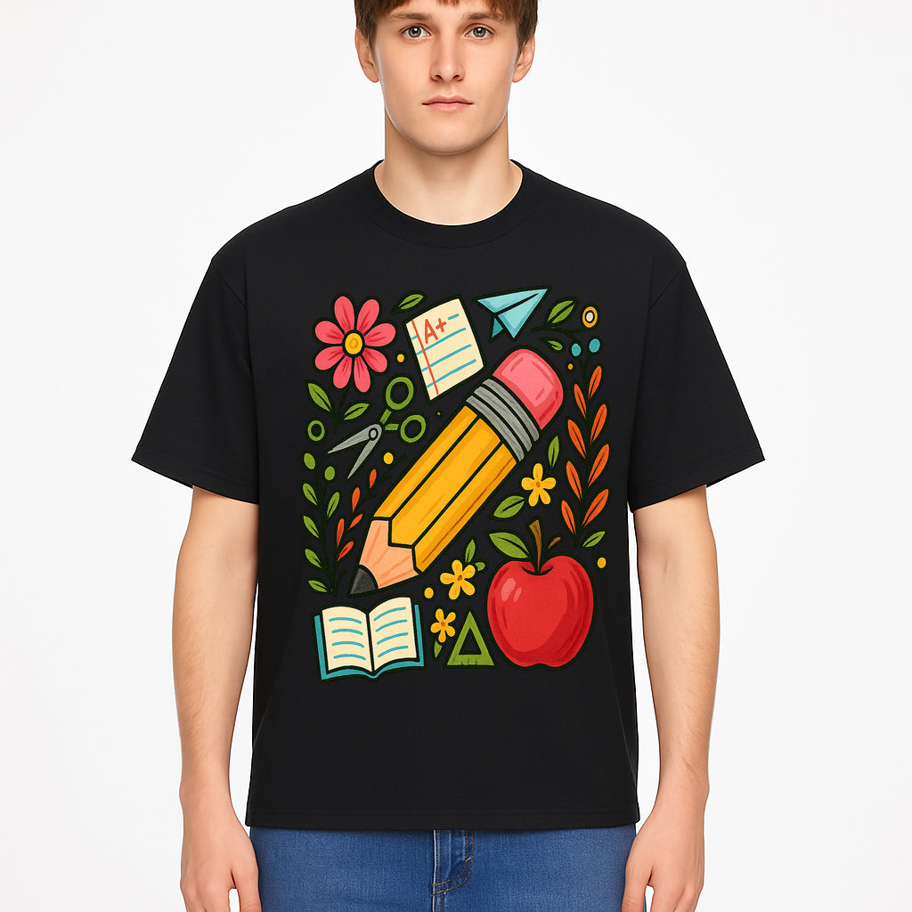 Colorful School Supplies Illustration Pencil, Apple, Flowers, Book and A+ Note Cute Educational Art Print for Classroom Decor - T-shirt 1758093370445.jpg