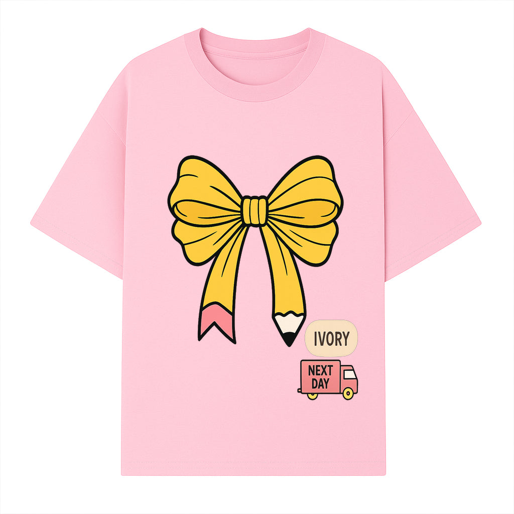 Yellow Pencil Bow Decor Cute Stationery Gift, Art Supplies, Kids School Accessories, Next Day Shipping, Ivory Color Theme - T-shirt 1758093370492.jpg