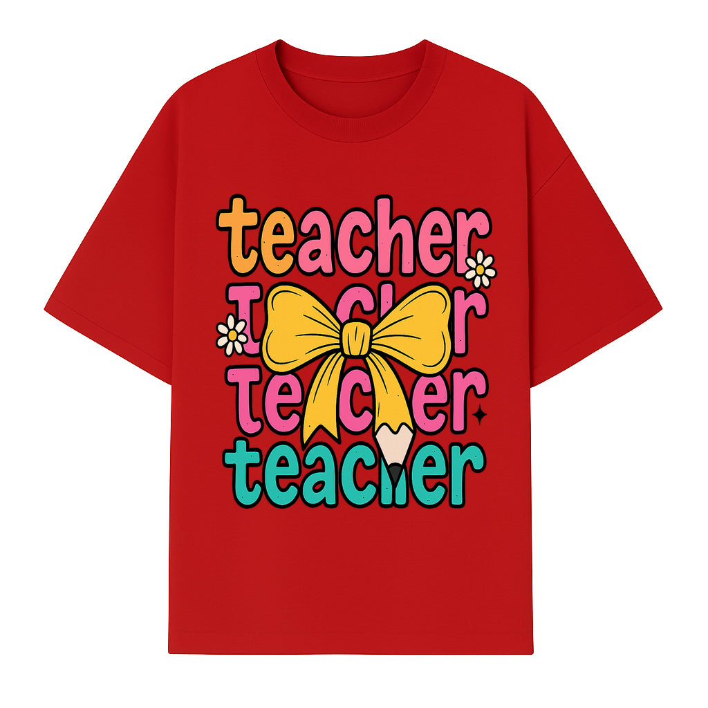 Colorful Teacher Graphic Tee with Pencil and Bow | Cute Teacher Appreciation Gift for Students or Educators - T-shirt 1758093370547.jpg