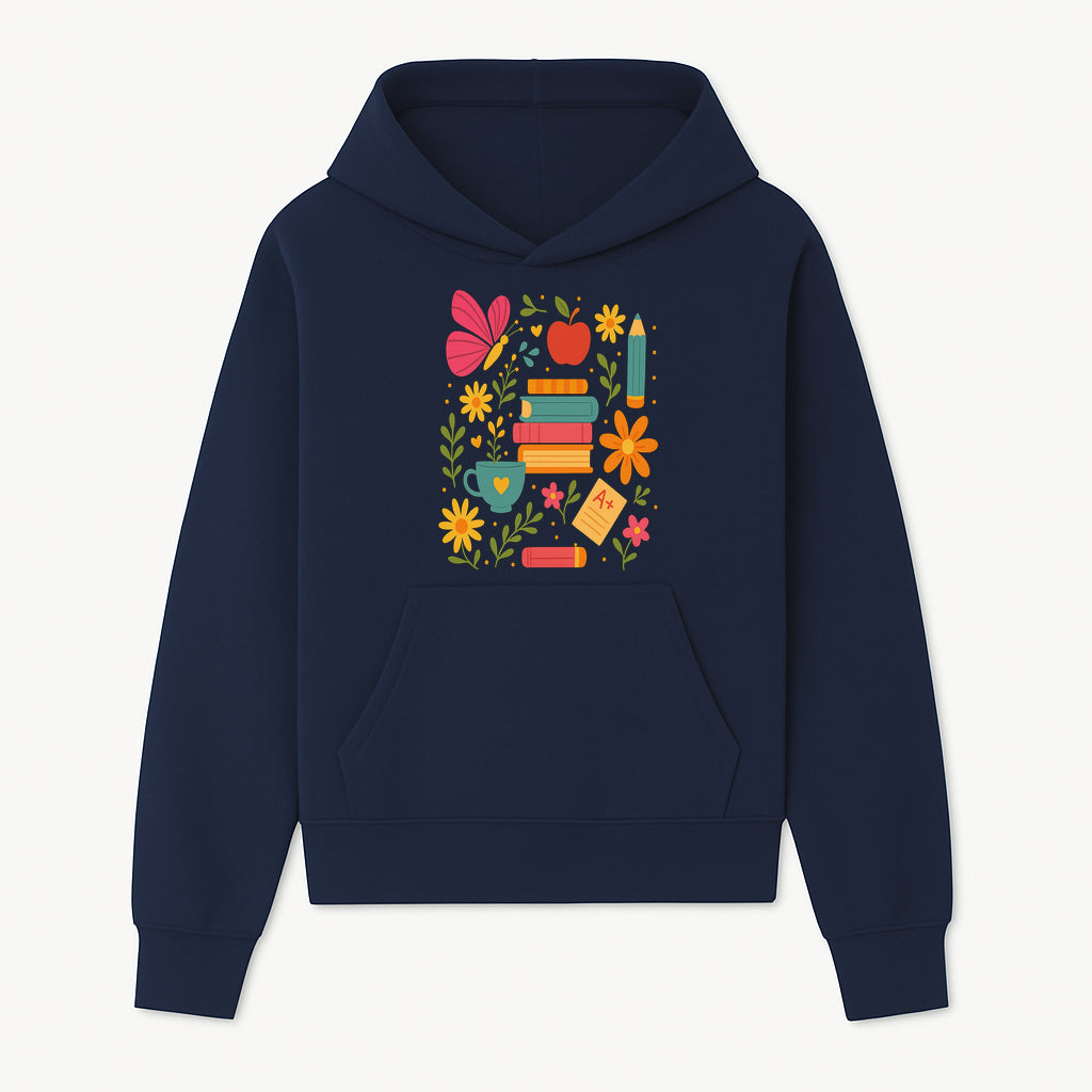 Colorful School Supplies and Flowers Art Print, Butterfly and Books, Educational Decor, Cute Classroom Wall Art, A+ Motivation - Hoodie 1758093370627.jpg