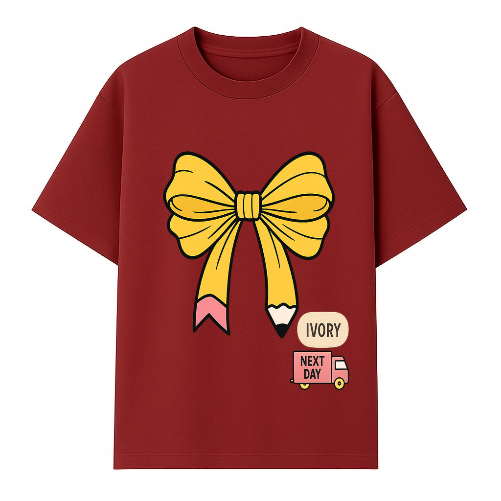 Yellow Pencil Bow Decor Cute Stationery Gift, Art Supplies, Kids School Accessories, Next Day Shipping, Ivory Color Theme - T-shirt 1758093370647.jpg