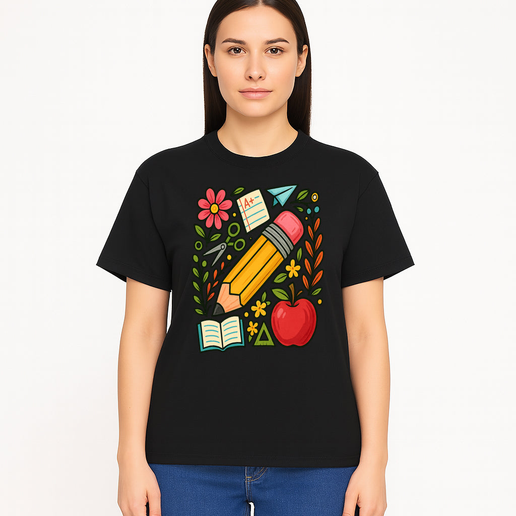 Colorful School Supplies Illustration Pencil, Apple, Flowers, Book and A+ Note Cute Educational Art Print for Classroom Decor - T-shirt 1758093370651.jpg