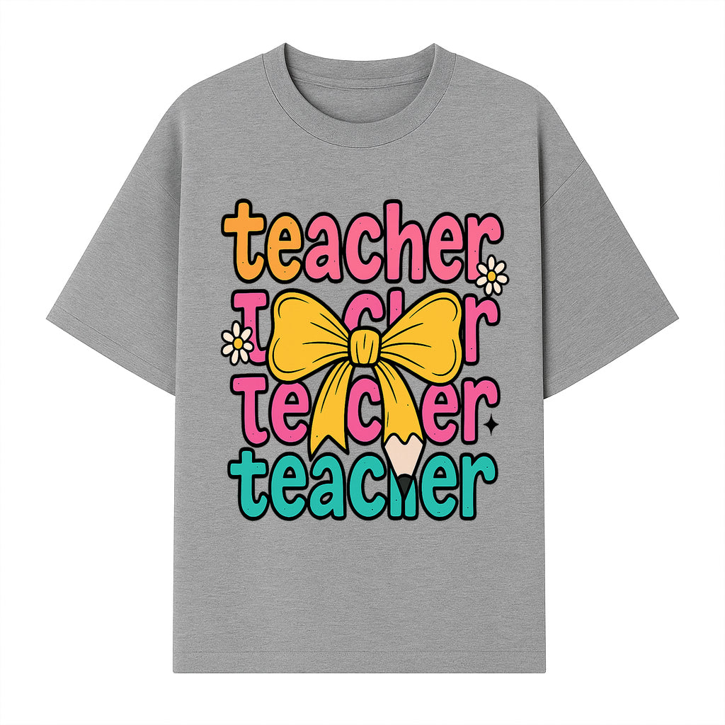 Colorful Teacher Graphic Tee with Pencil and Bow | Cute Teacher Appreciation Gift for Students or Educators - T-shirt 1758093370696.jpg