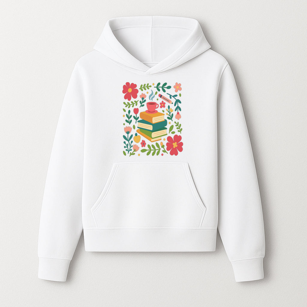 Whimsical Book Stack with Coffee and Flowers Art Print - Cozy Reading Decor for Home or Office - Hoodie 1758093370820.jpg