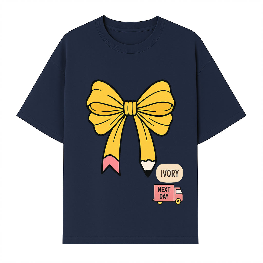 Yellow Pencil Bow Decor Cute Stationery Gift, Art Supplies, Kids School Accessories, Next Day Shipping, Ivory Color Theme - T-shirt 1758093370829.jpg