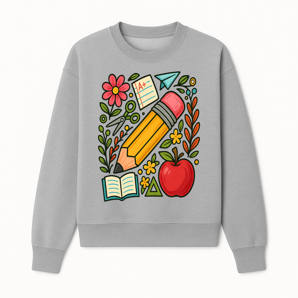 Colorful School Supplies Illustration Pencil, Apple, Flowers, Book and A+ Note Cute Educational Art Print for Classroom Decor - Sweatshirt 1758093370830.jpg