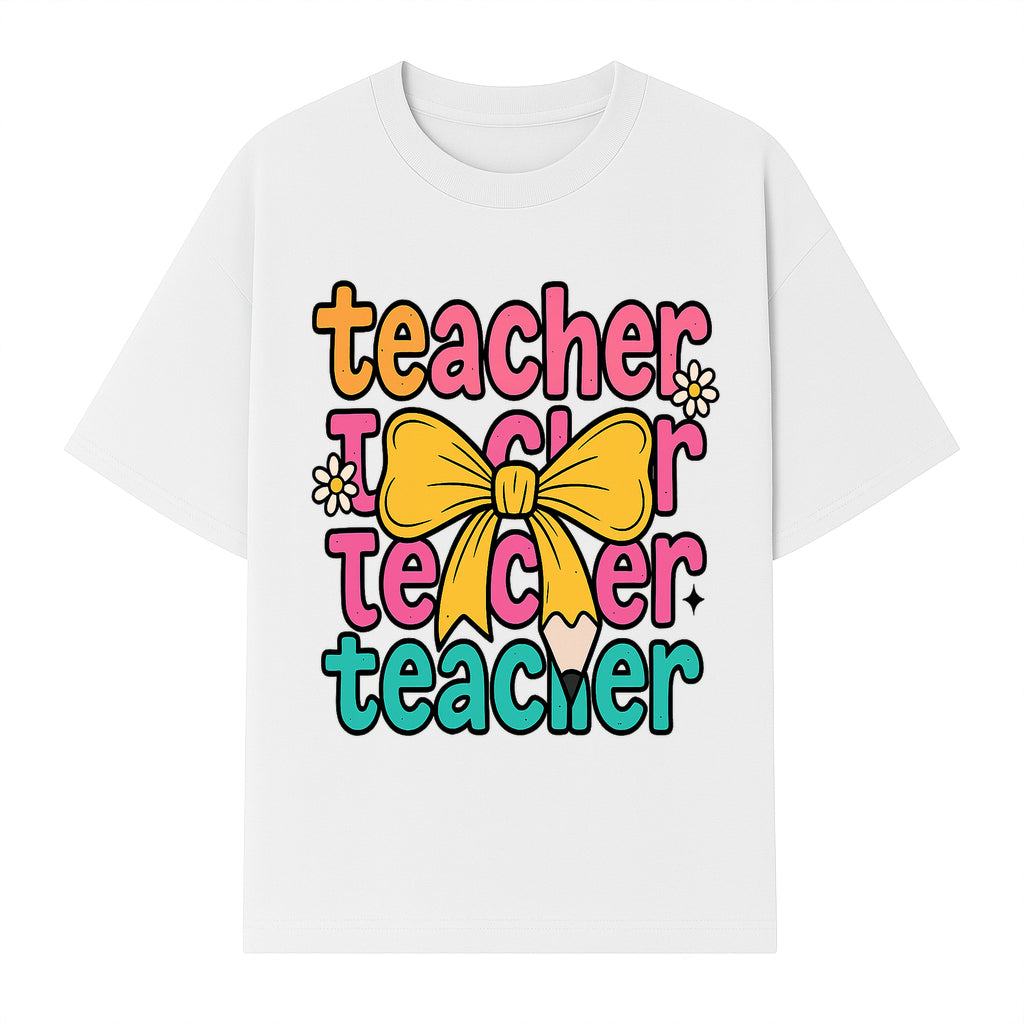 Colorful Teacher Graphic Tee with Pencil and Bow | Cute Teacher Appreciation Gift for Students or Educators - T-shirt 1758093370841.jpg