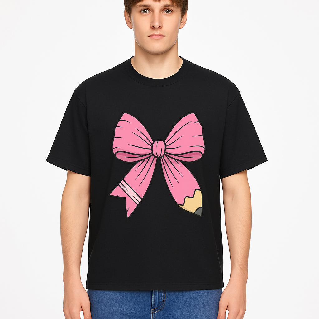 Pink Bow with Pencil Design, Cute Stationery Decor, Gift for Teachers, School Supplies, Arts and Crafts, Kawaii Aesthetic Accessories - T-shirt 1758093370880.jpg