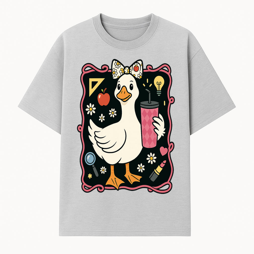 Cute Duck with Bow and Drink - Whimsical Animal Art Print, Fun Retro Style Home Decor, Ideal for Kids' Rooms or Gift Ideas - T-shirt 1758093370925.jpg